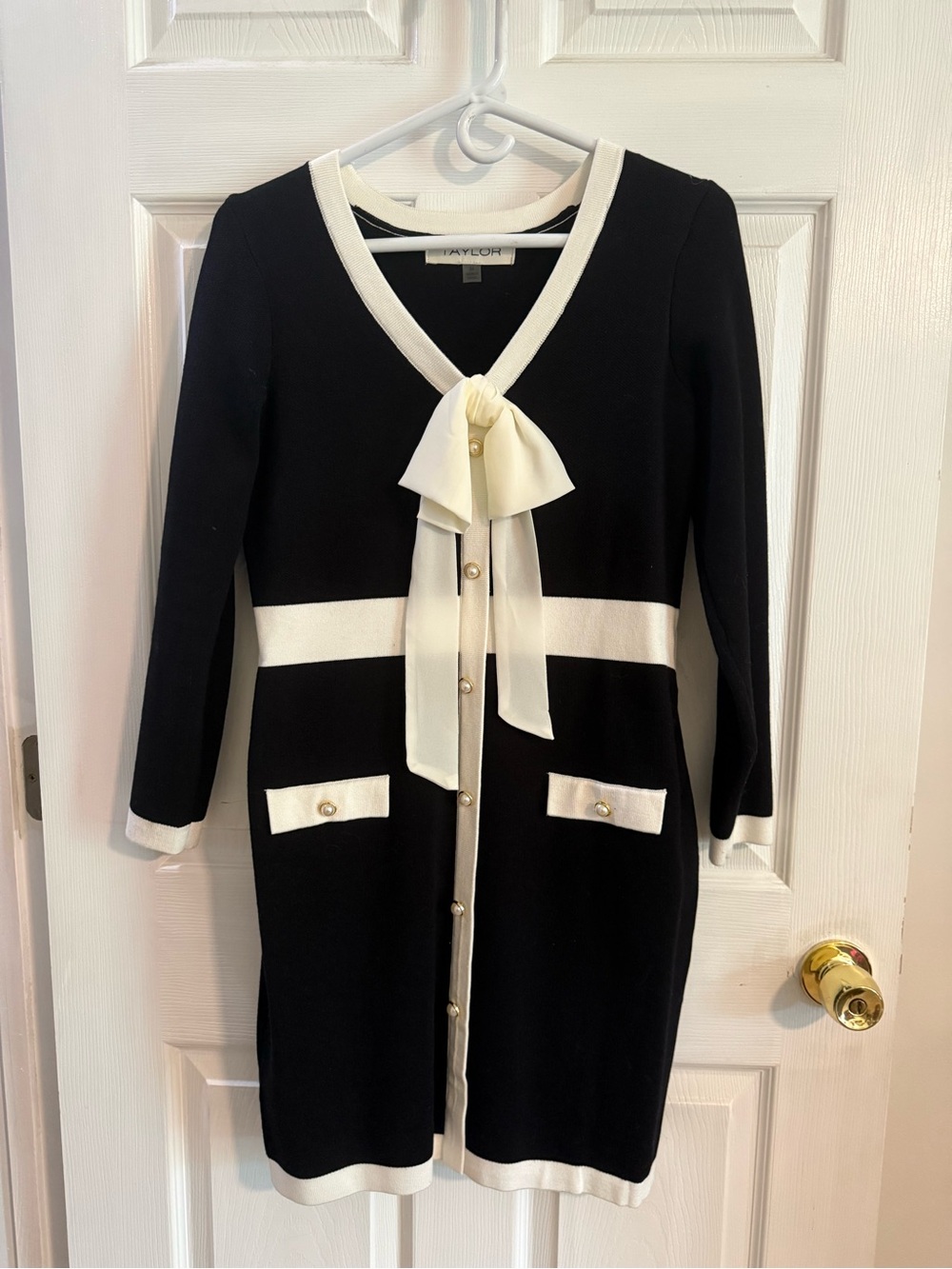 Taylor Black and Cream Bow-Front Cardigan Dress with Gold Buttons